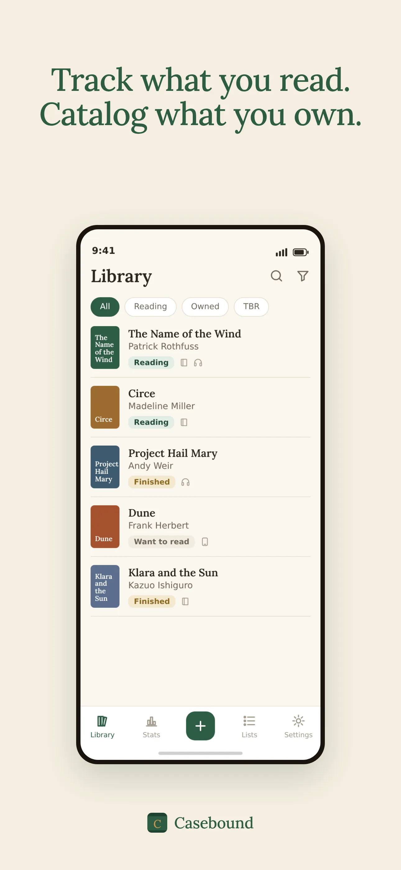 Casebound library view: a list of books with cover thumbnails, status pills, and format icons.