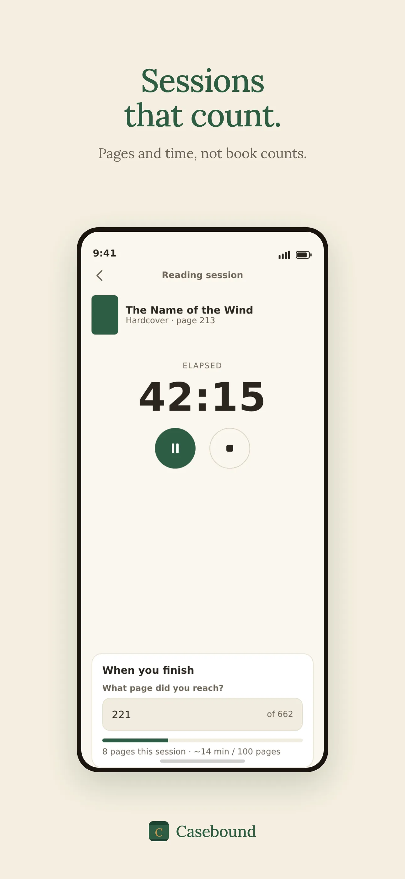 A live reading session timer with the current book and elapsed minutes.