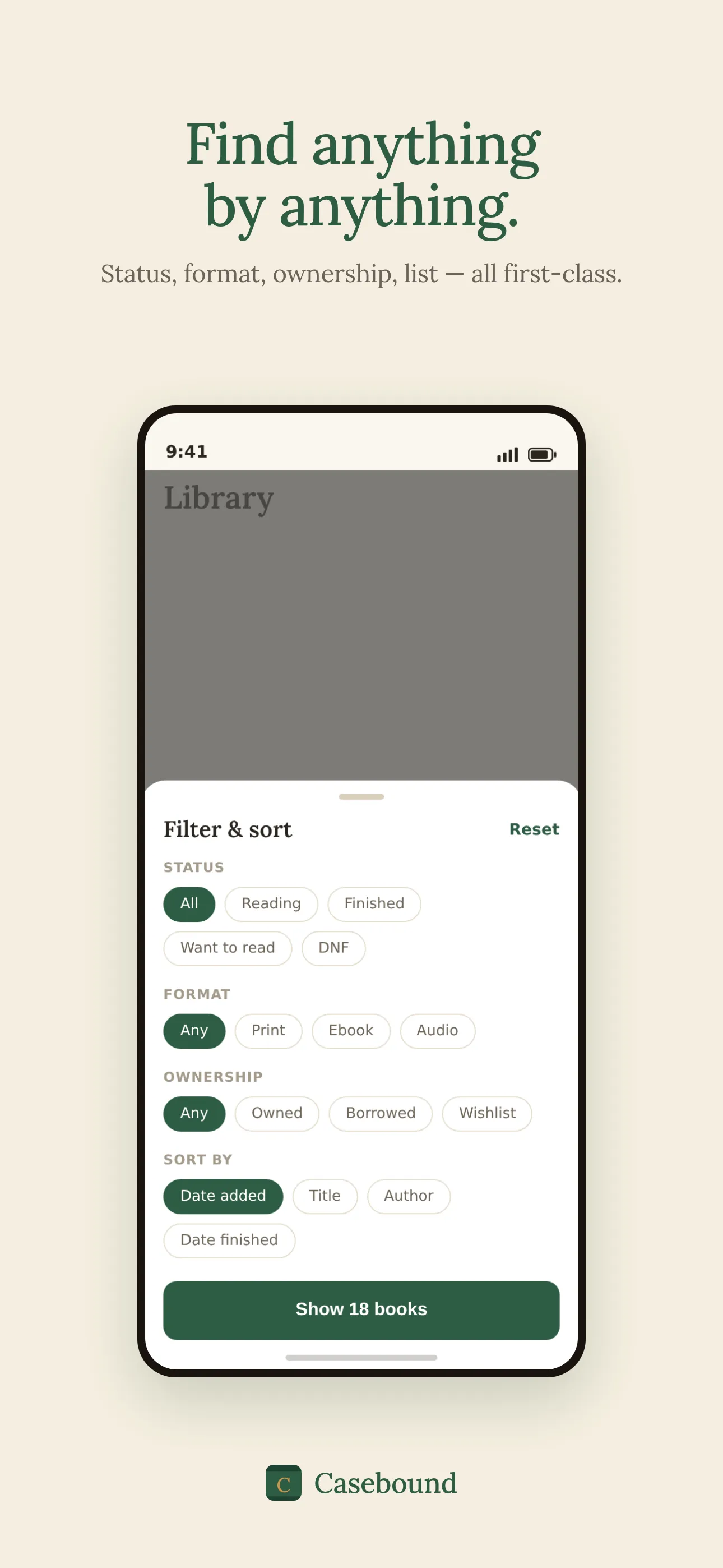Filter and sort controls — status, format, ownership, and list, all selectable.