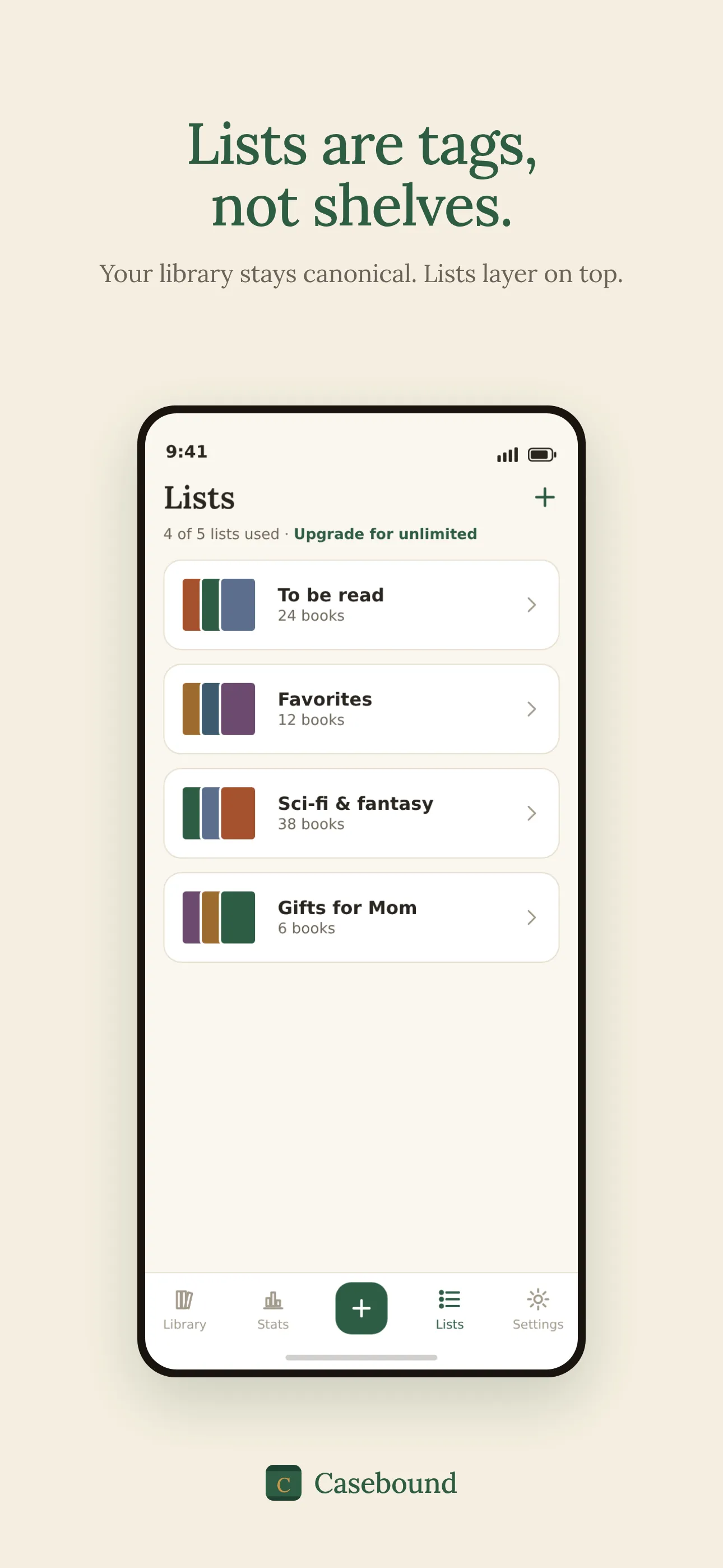 Custom lists view showing tags layered on top of the canonical library.