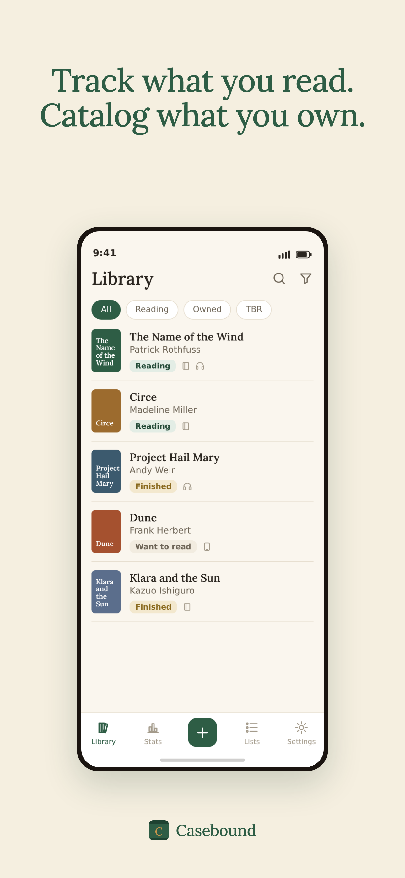 Casebound library view: a list of books with cover thumbnails, status pills, and format icons.