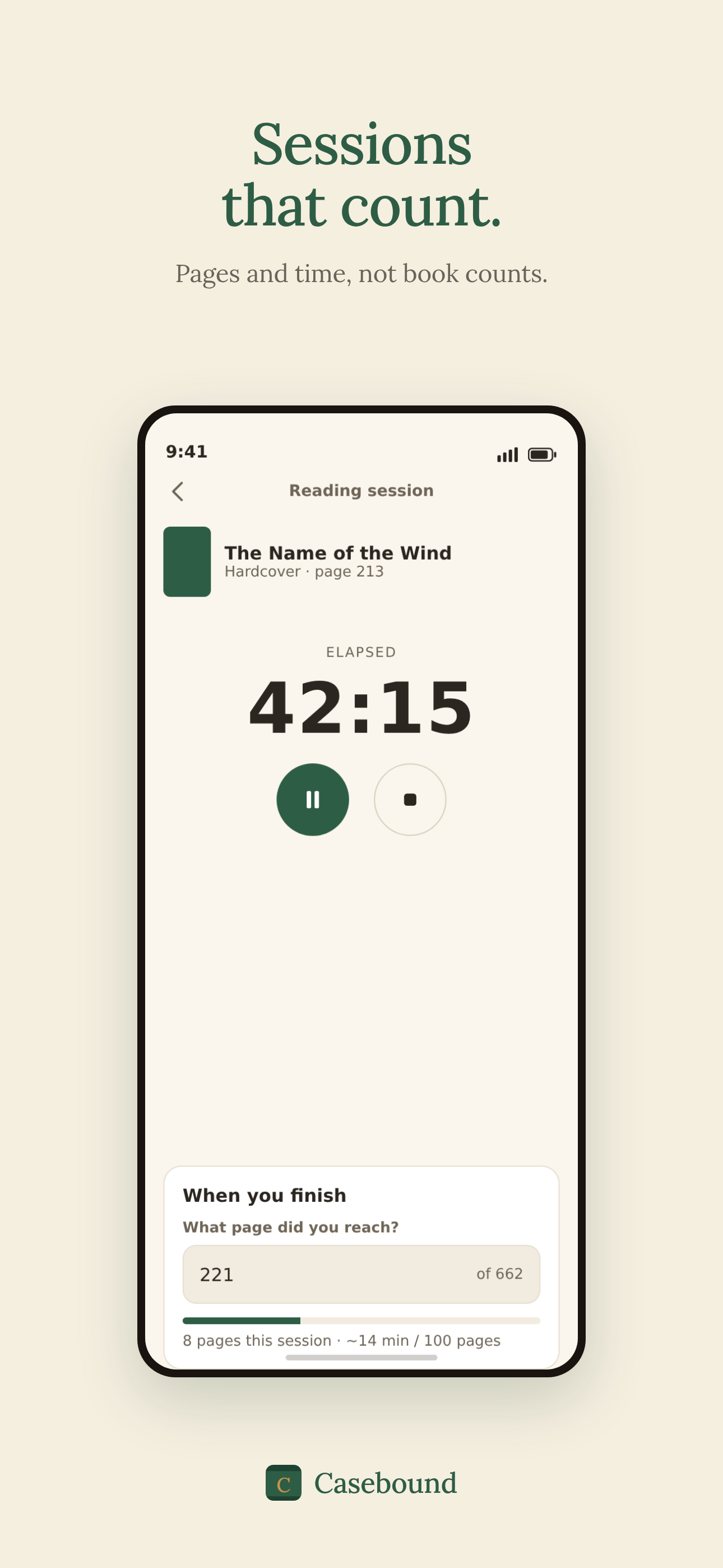 A live reading session timer with the current book and elapsed minutes.