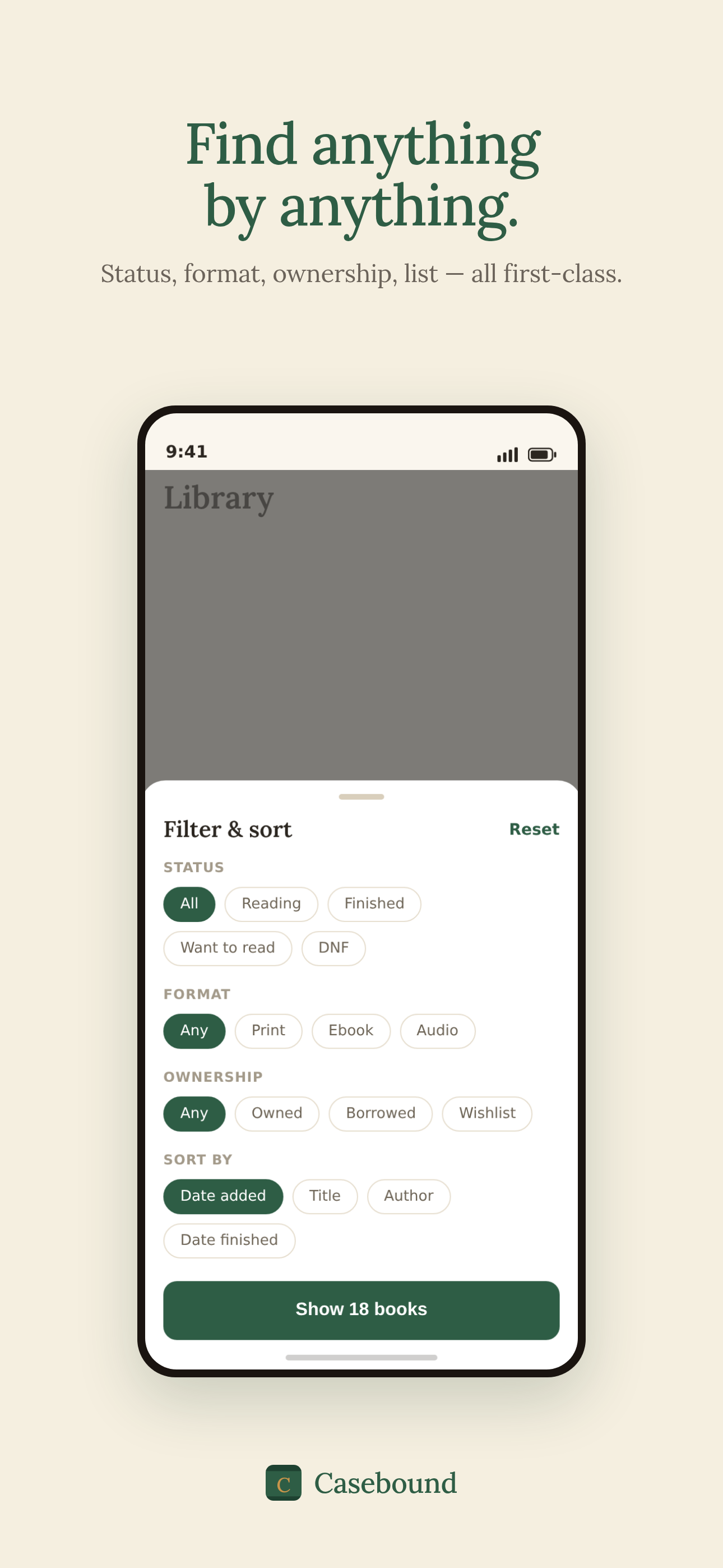 Filter and sort controls — status, format, ownership, and list, all selectable.
