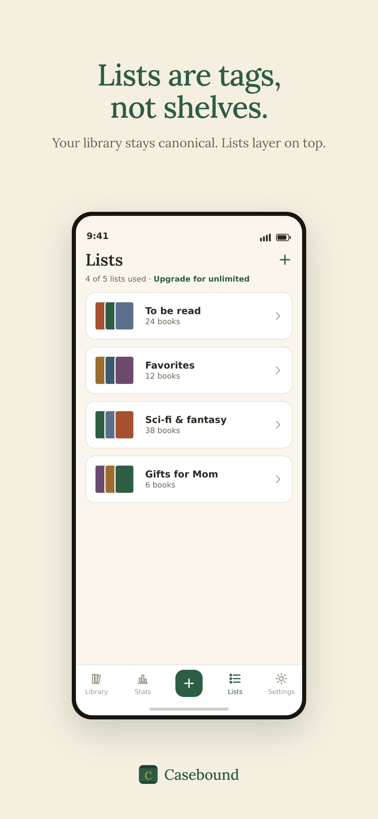 Custom lists view showing tags layered on top of the canonical library.